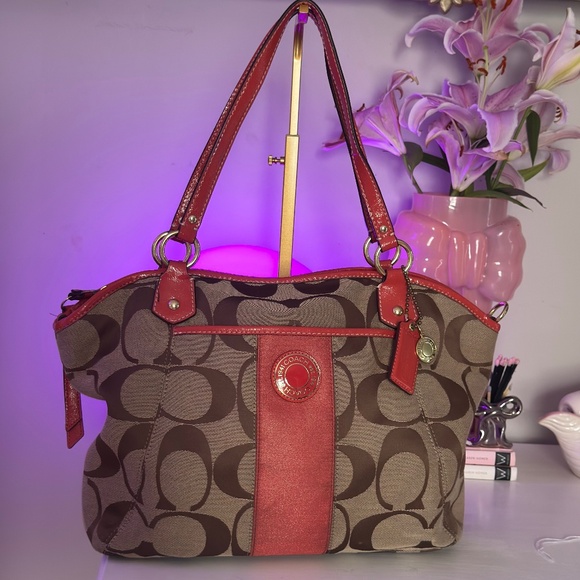 Coach Handbags - Coach Signature Stripe Tote Bag Brown Khaki Monogram Orange Leather Shoulder Bag